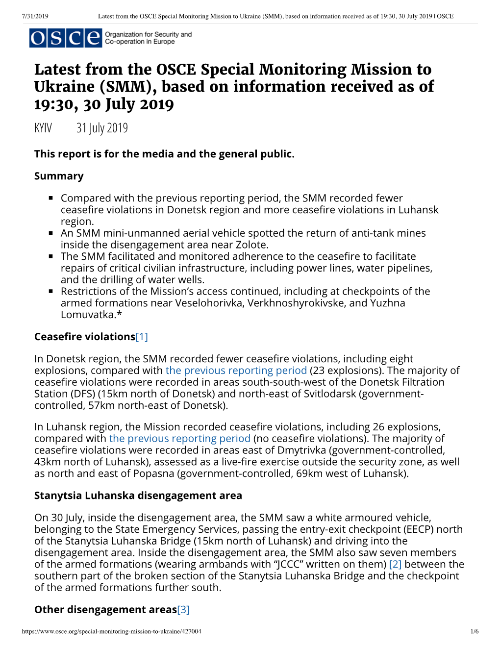 Latest from the OSCE Special Monitoring Mission to Ukraine (SMM), Based on Information Received As of 19:30, 30 July 2019 | OSCE