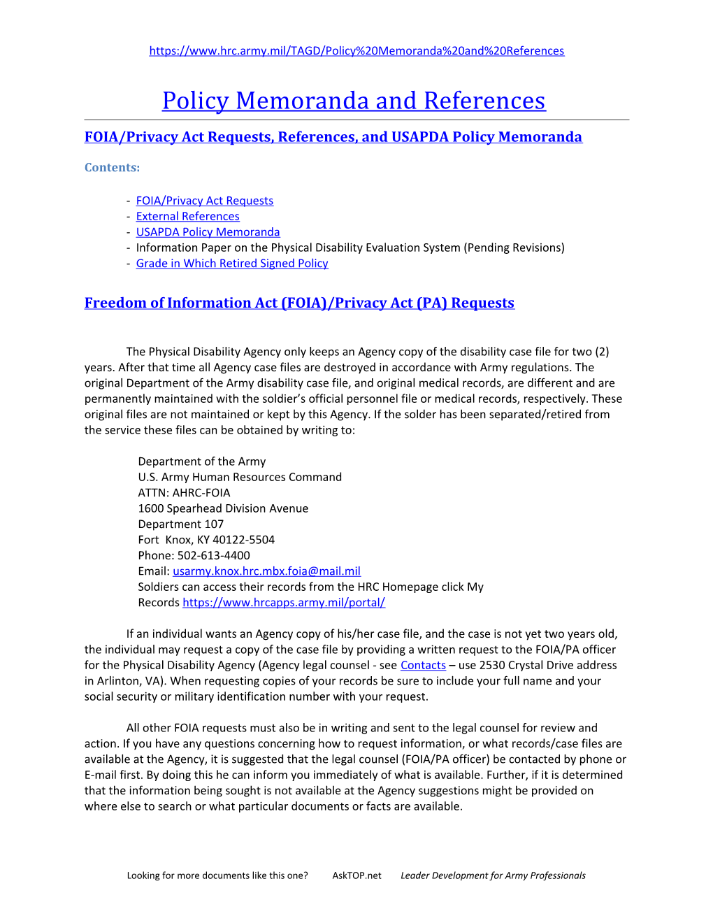 FOIA/Privacy Act Requests, References, and USAPDA Policy Memoranda