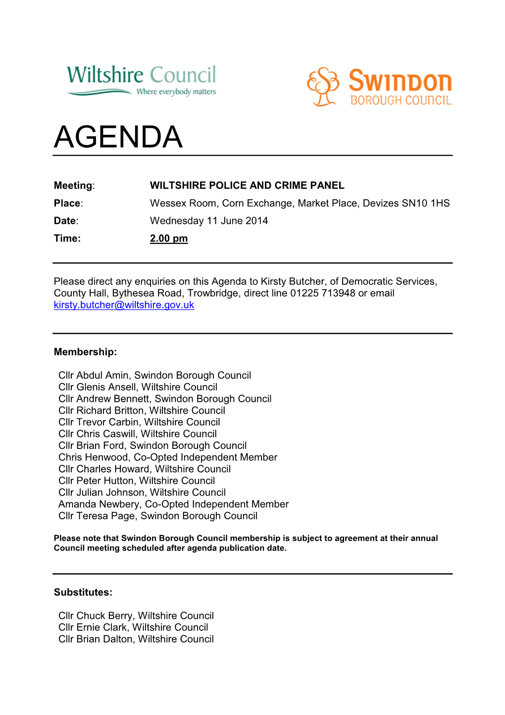 Agenda Document for Wiltshire Police and Crime Panel, 11/06/2014 14:00
