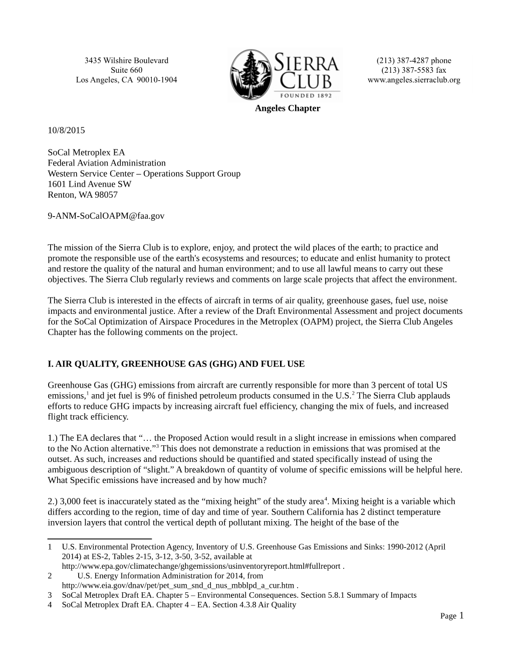 Sierra Club Comments to the FAA Socal Metroplex