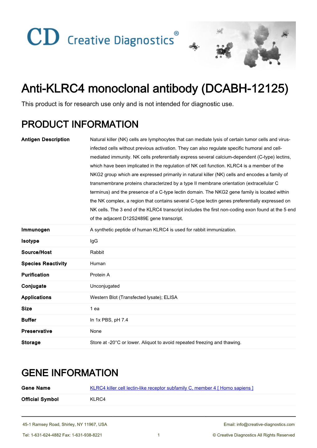 Anti-KLRC4 Monoclonal Antibody (DCABH-12125) This Product Is for Research Use Only and Is Not Intended for Diagnostic Use