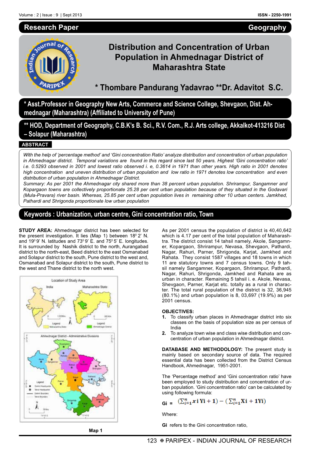 Distribution and Concentration of Urban Population in Ahmednagar District of Maharashtra State