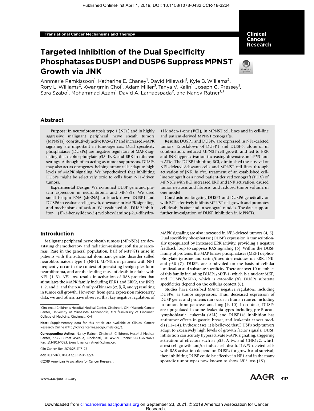 Targeted Inhibition of the Dual Specificity Phosphatases DUSP1 and DUSP6 Suppress MPNST Growth Via JNK