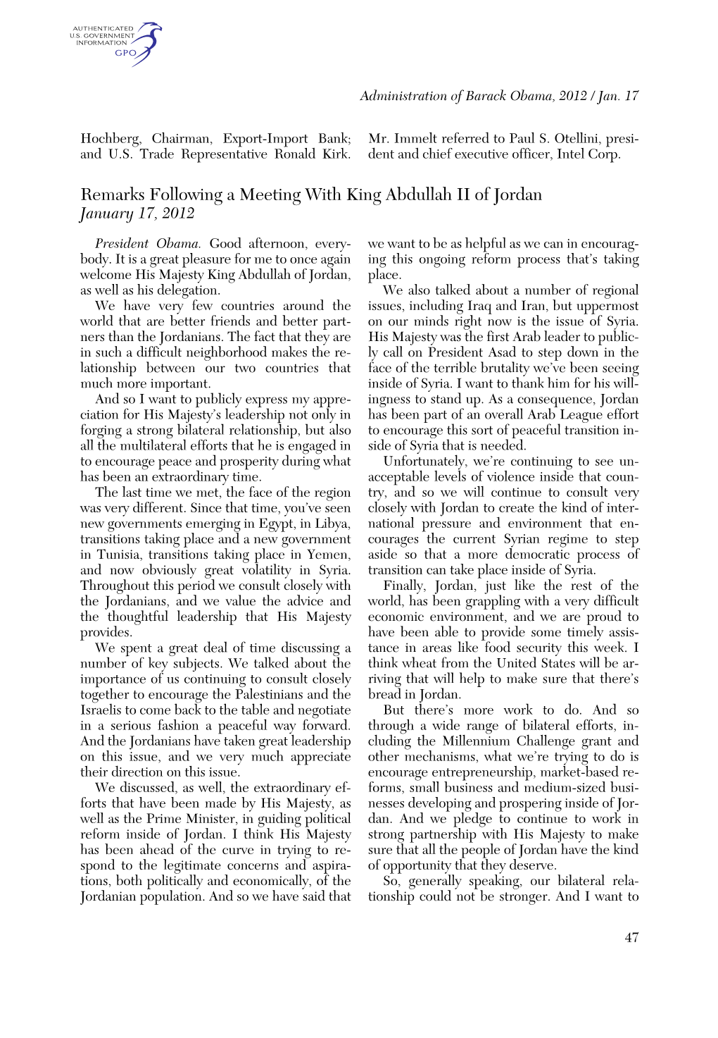 Remarks Following a Meeting with King Abdullah II of Jordan January 17, 2012