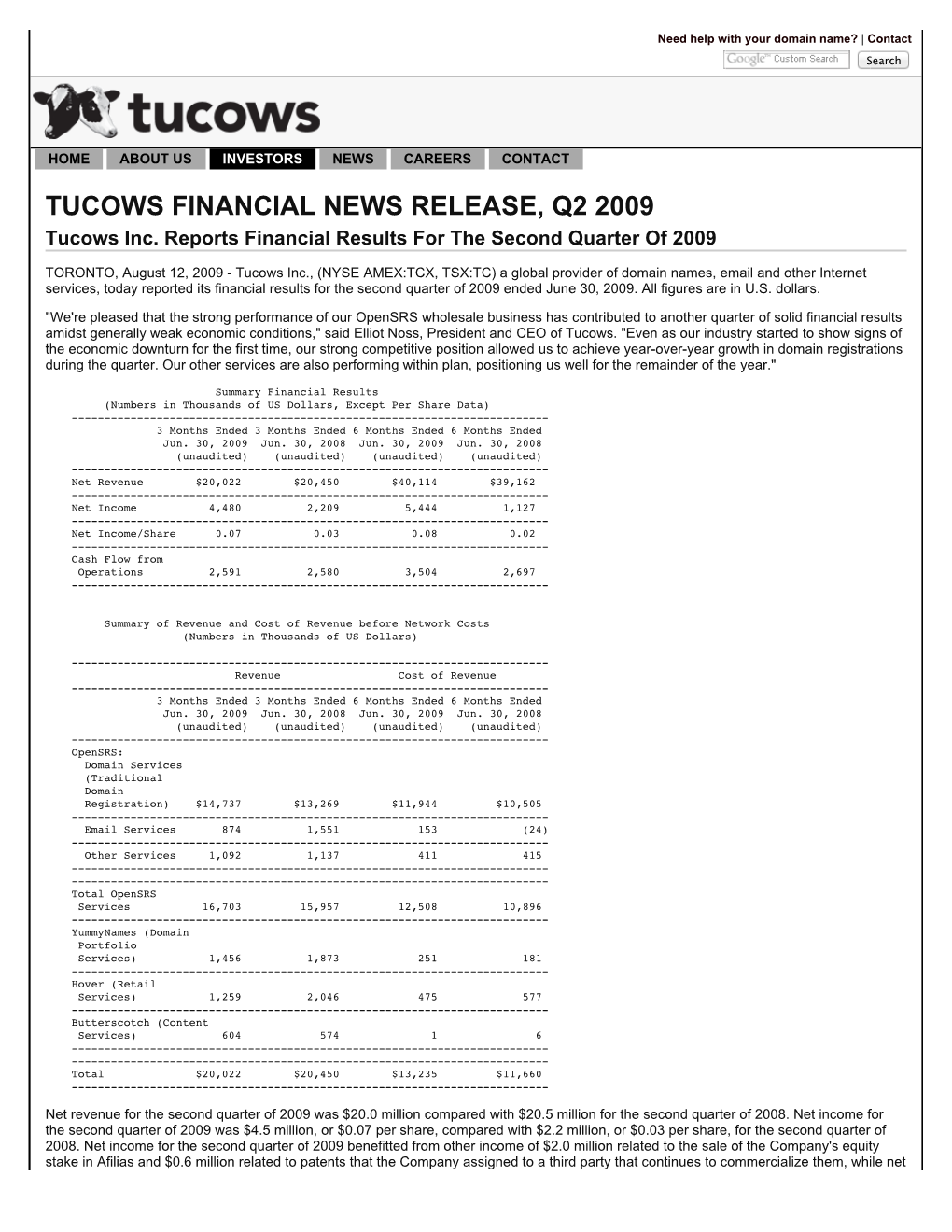 NEWS RELEASE, Q2 2009 Tucows Inc