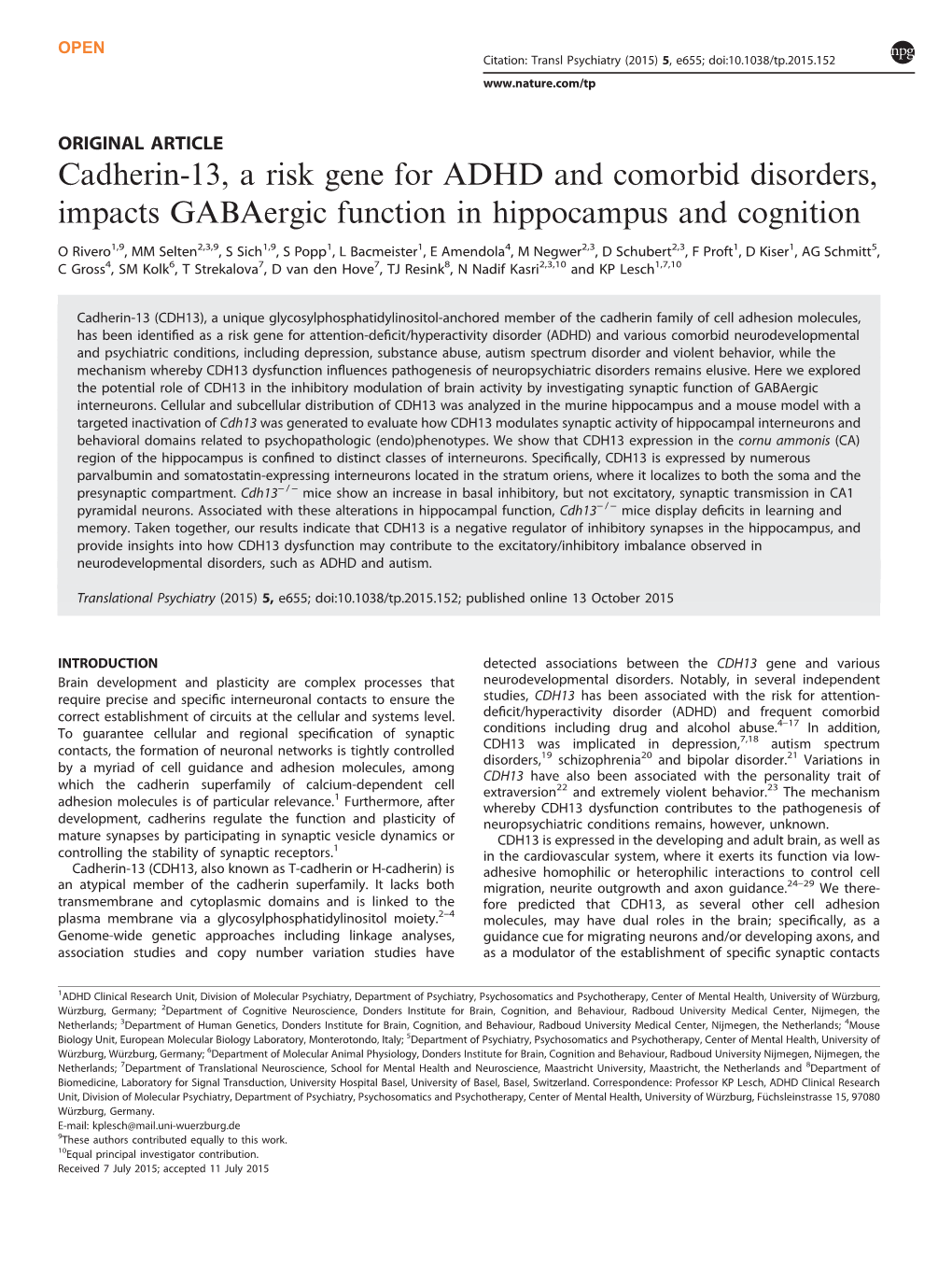 Cadherin-13, a Risk Gene for ADHD and Comorbid Disorders, Impacts Gabaergic Function in Hippocampus and Cognition