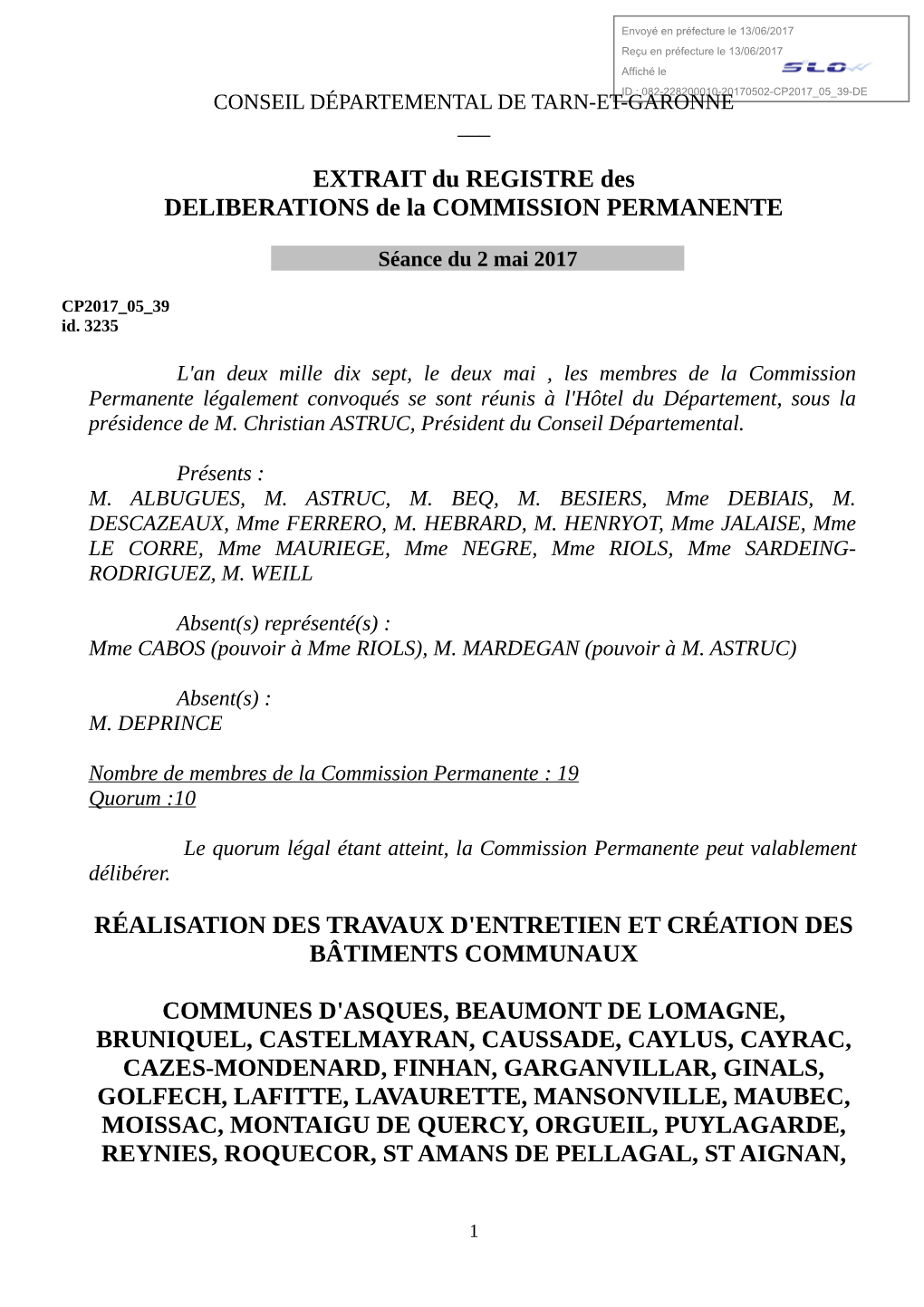 EXTRAIT Du REGISTRE Des DELIBERATIONS De La COMMISSION PERMANENTE