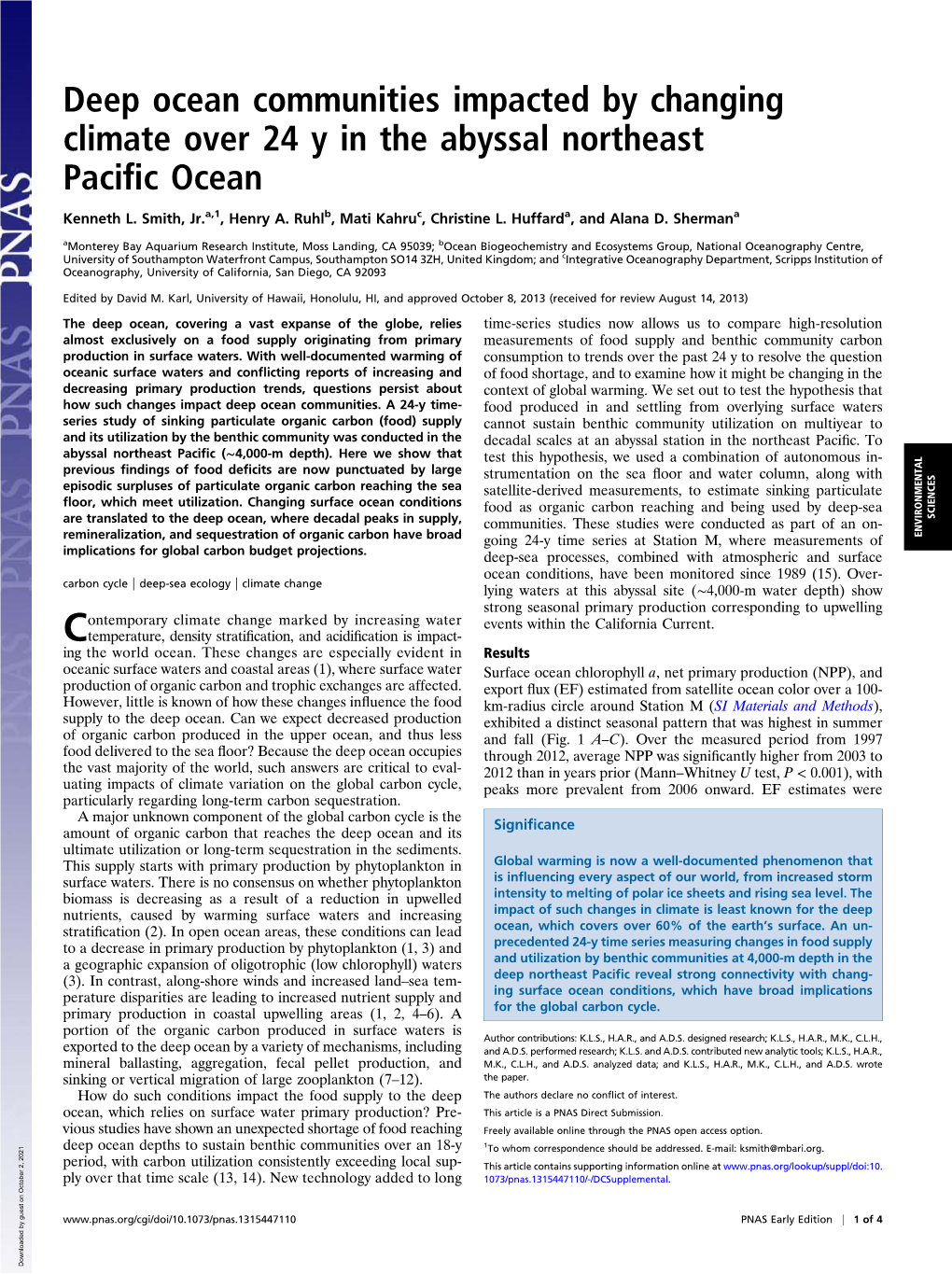 Deep Ocean Communities Impacted by Changing Climate Over 24 Y in the Abyssal Northeast Paciﬁc Ocean