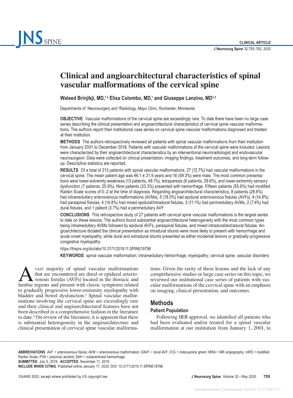 Clinical and Angioarchitectural Characteristics of Spinal Vascular