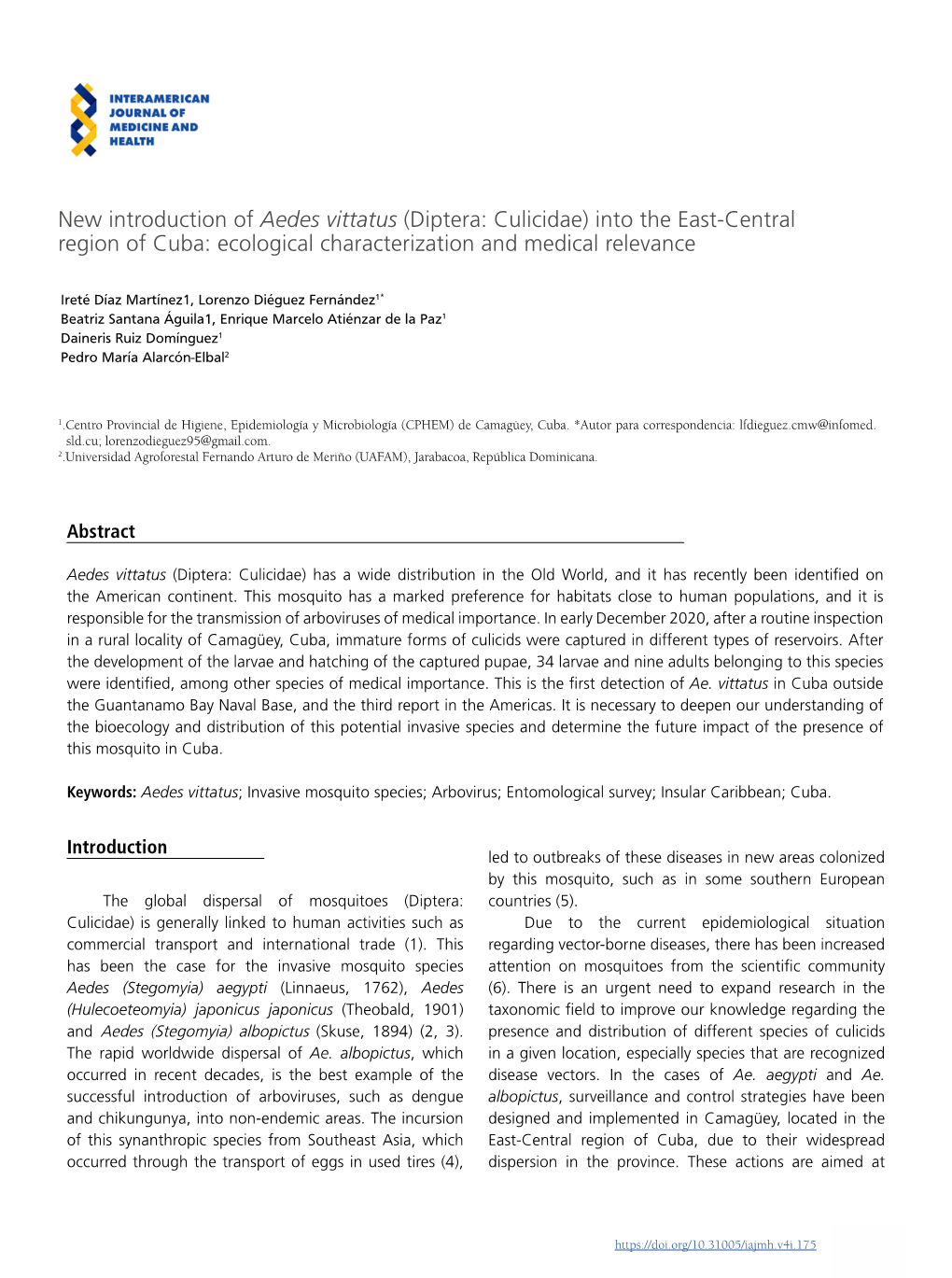 New Introduction of Aedes Vittatus (Diptera: Culicidae) Into the East-Central Region of Cuba: Ecological Characterization and Medical Relevance