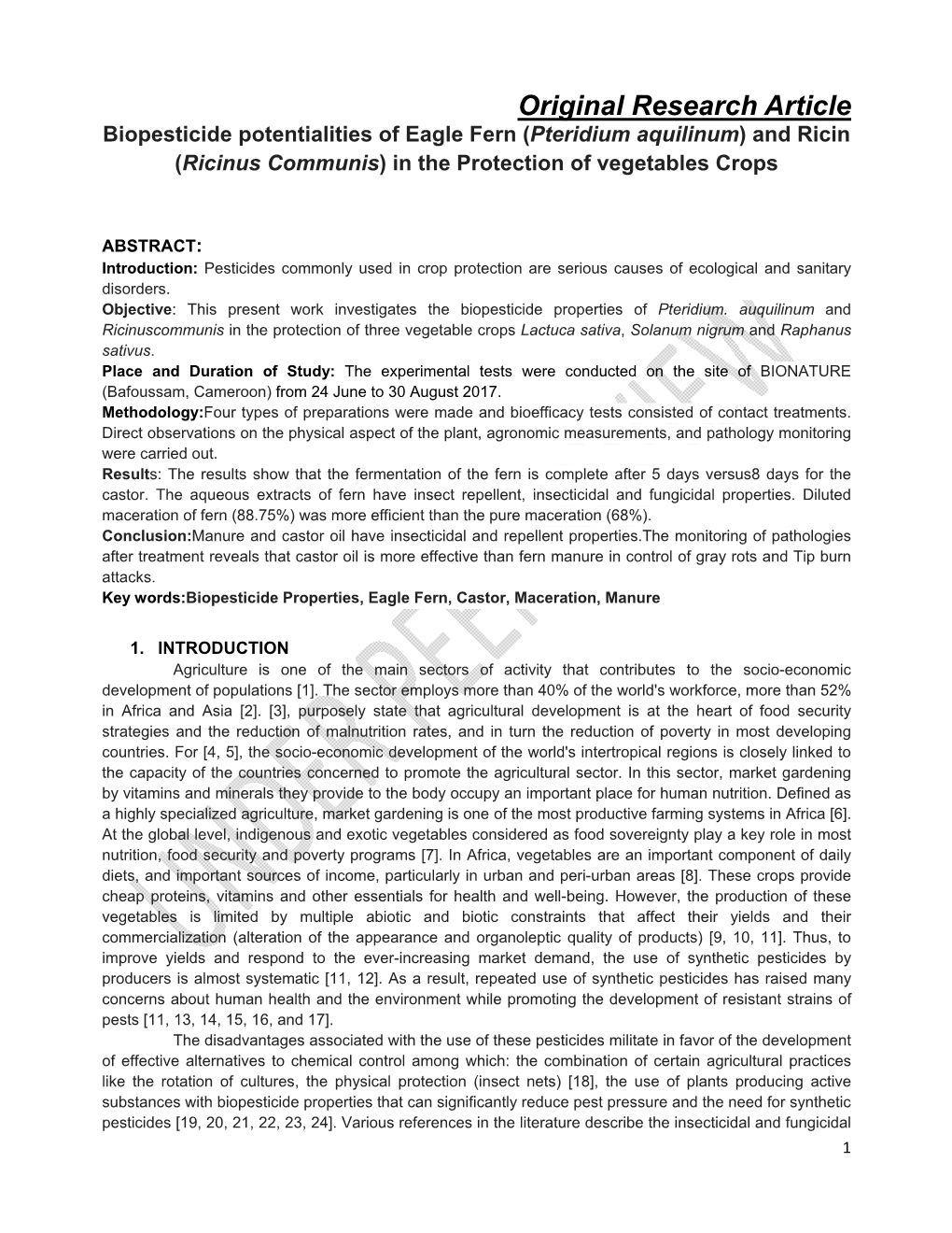 Original Research Article Biopesticide Potentialities of Eagle Fern (Pteridium Aquilinum) and Ricin (Ricinus Communis) in the Protection of Vegetables Crops