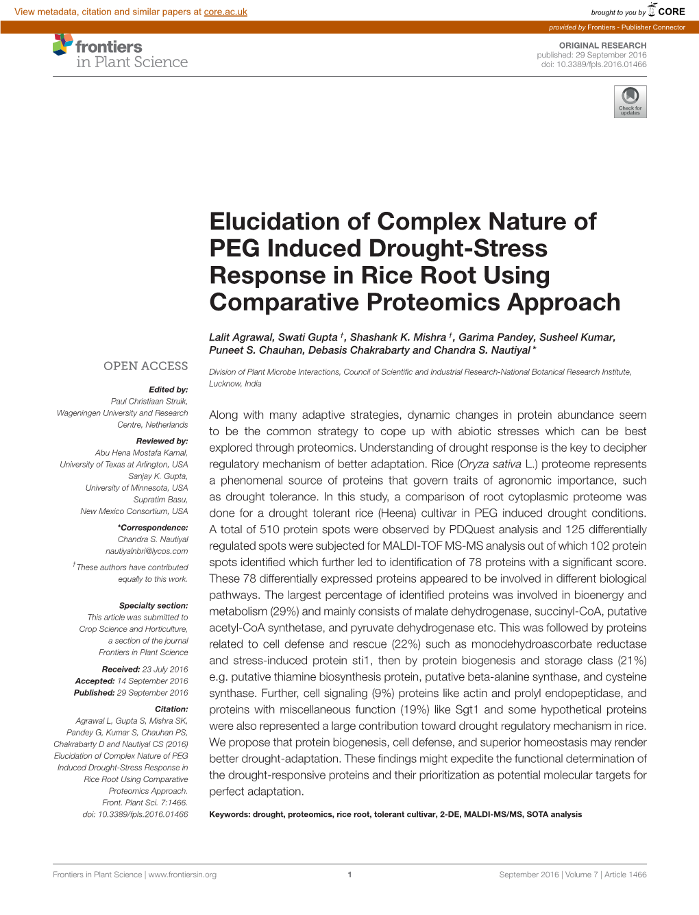 Elucidation of Complex Nature of PEG Induced Drought-Stress Response in Rice Root Using Comparative Proteomics Approach