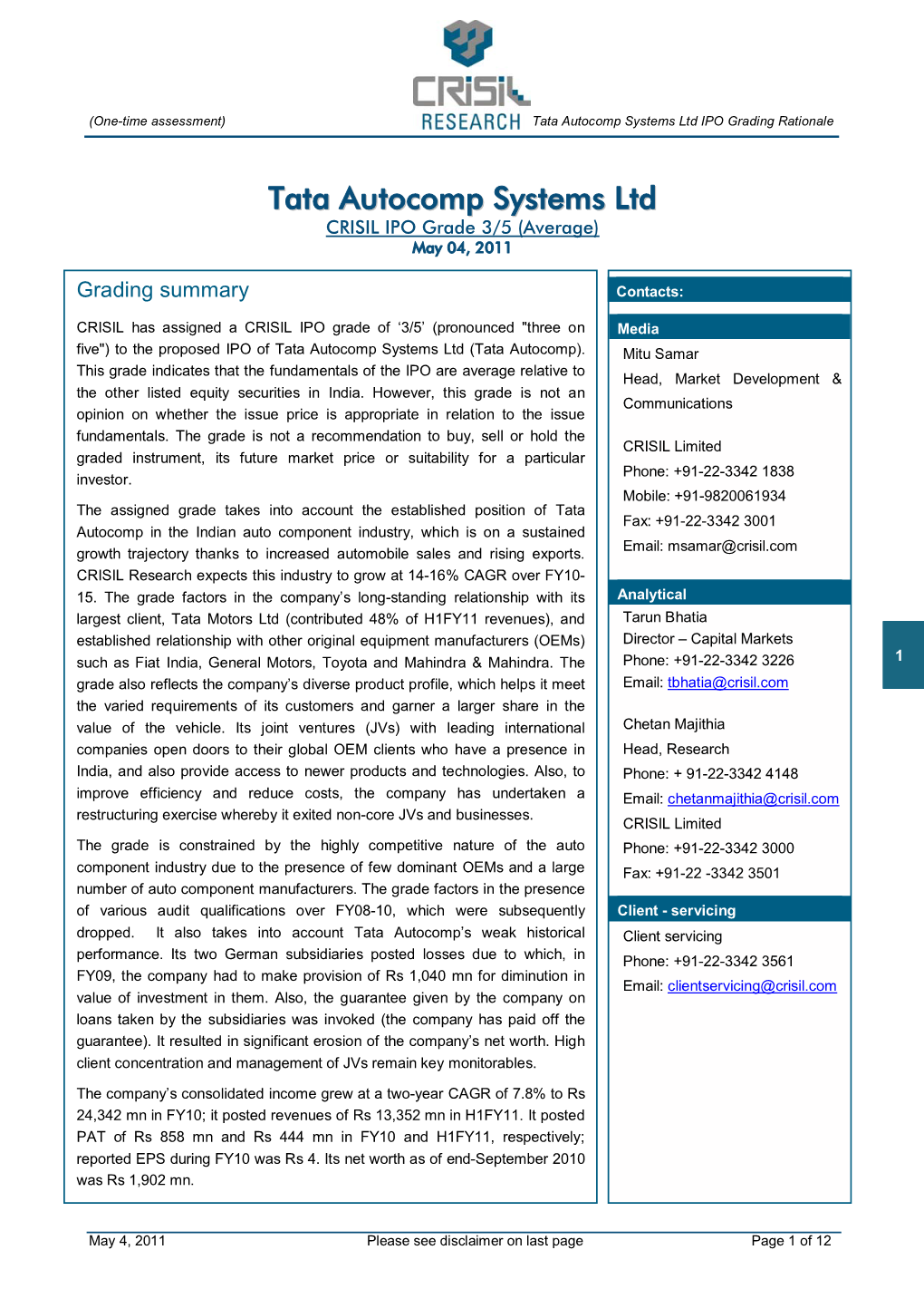 Tata Autocomp Systems Ltd IPO Grading Rationale