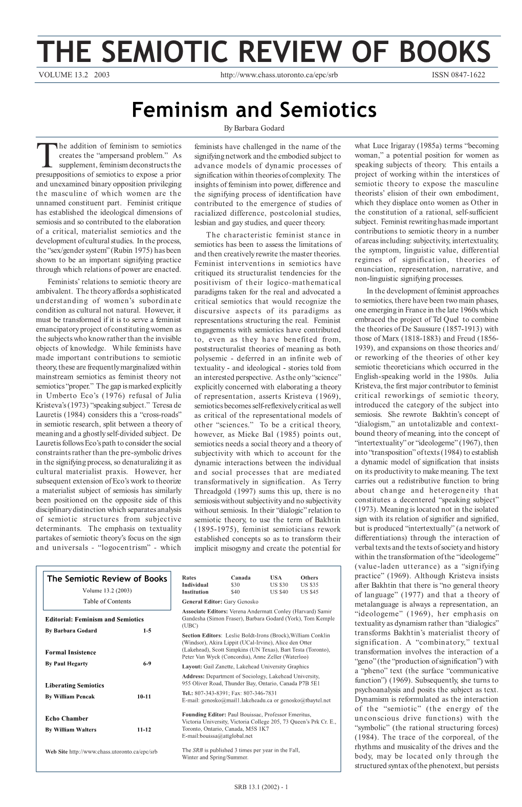 The Semiotic Review of Books Volume 13.2 2003 Issn 0847-1622