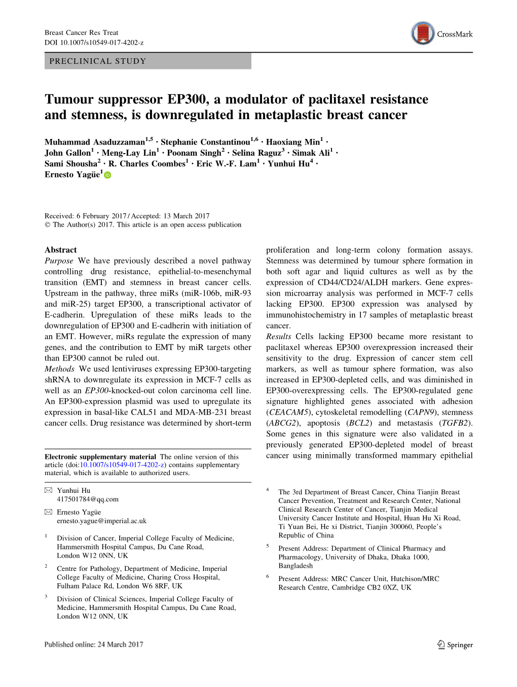 Tumour Suppressor EP300, a Modulator of Paclitaxel Resistance and Stemness, Is Downregulated in Metaplastic Breast Cancer