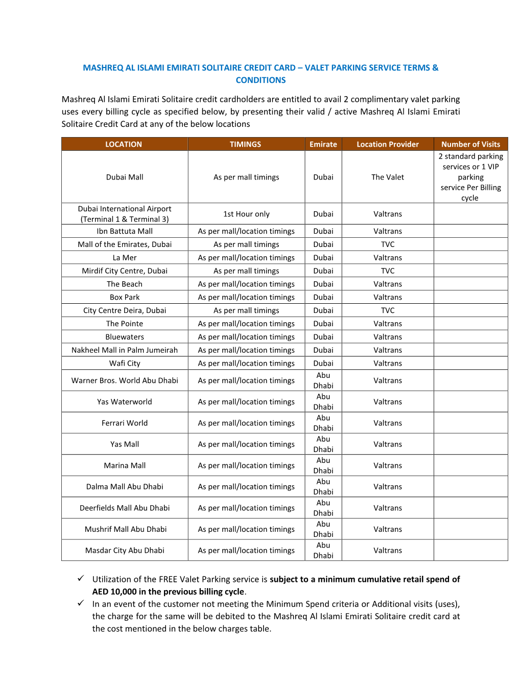 Valet Parking Service Terms & Conditions