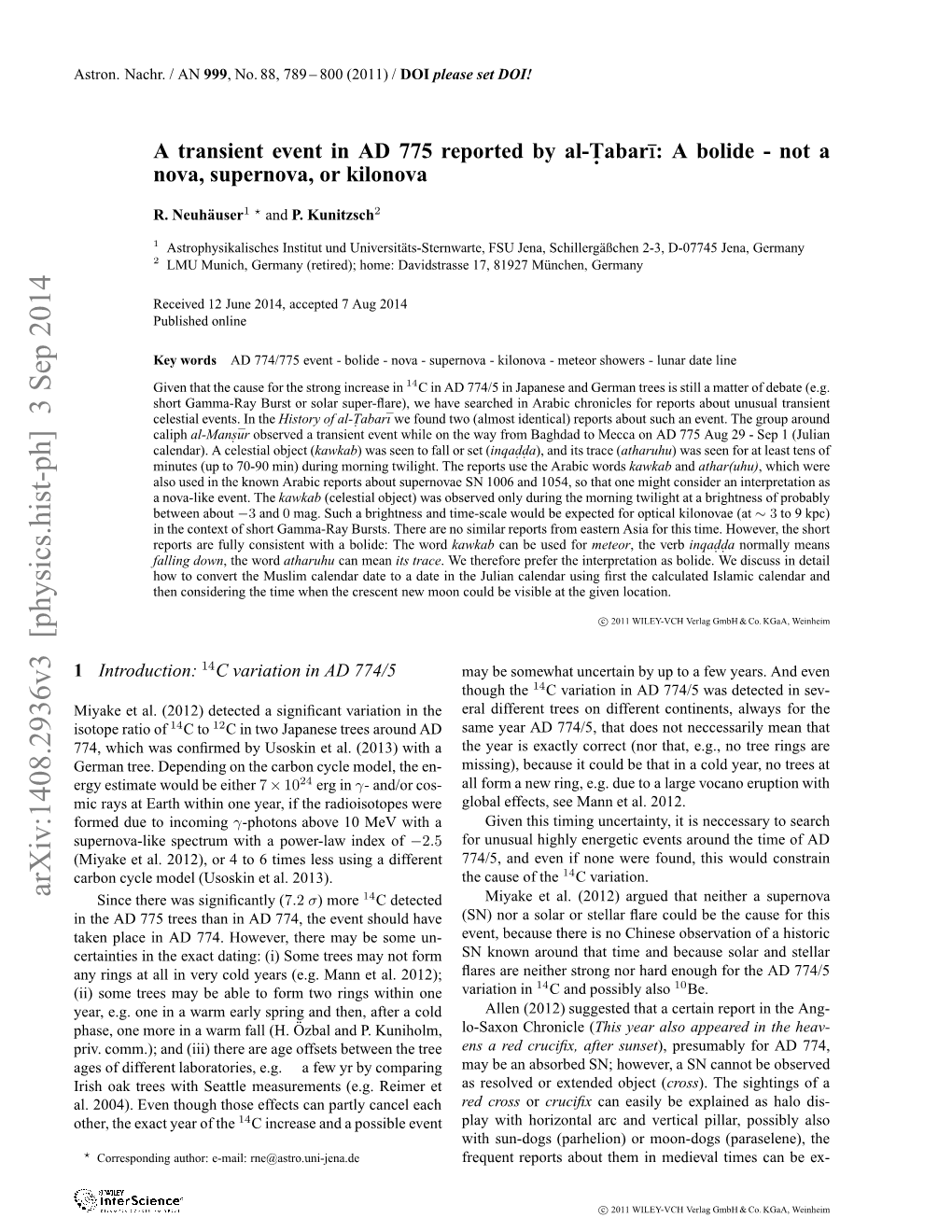 A Transient Event in AD 775 Reported by Al-Tabari: a Bolide-Not a Nova