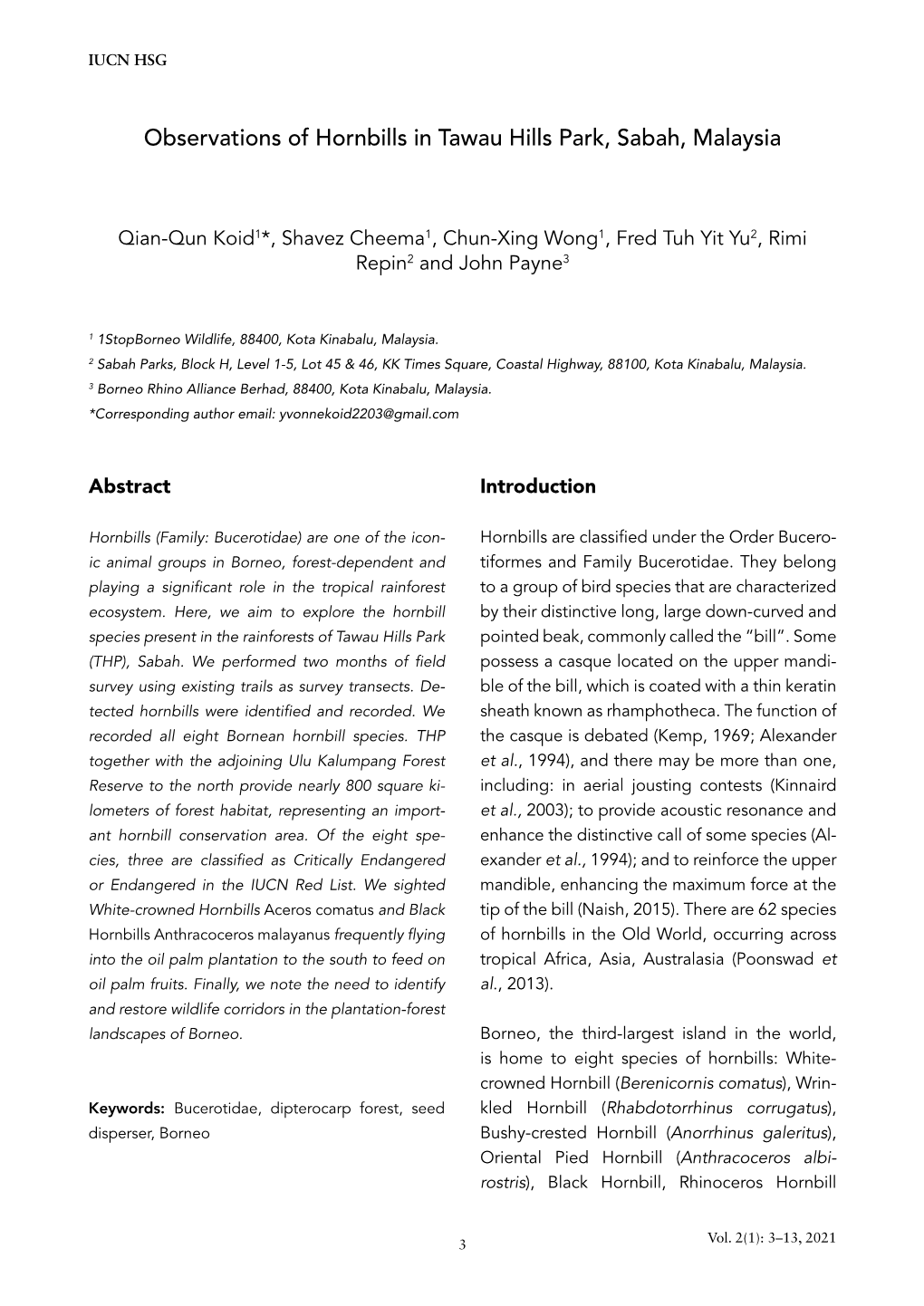 Observations of Hornbills in Tawau Hills Park, Sabah, Malaysia