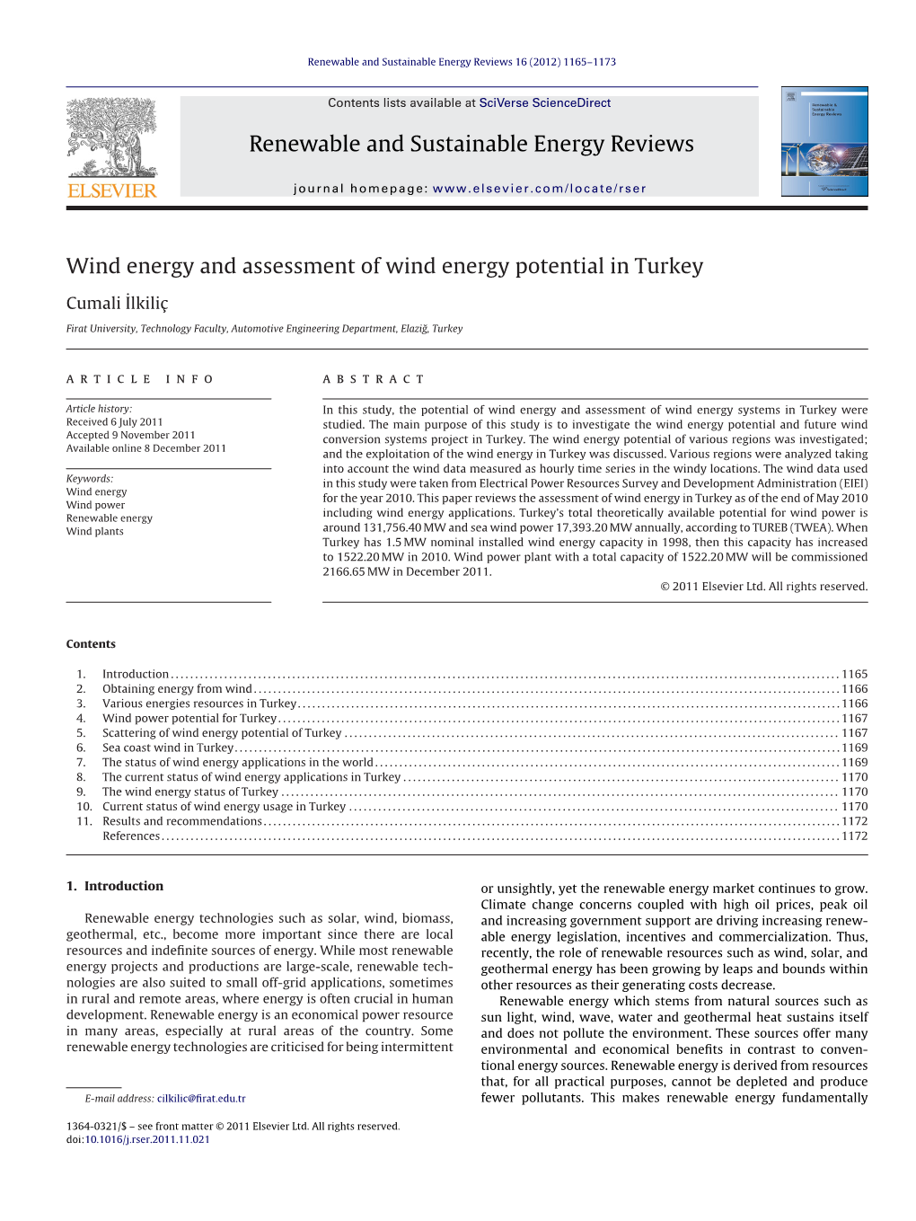 Wind Energy and Assessment of Wind Energy Potential in Turkey