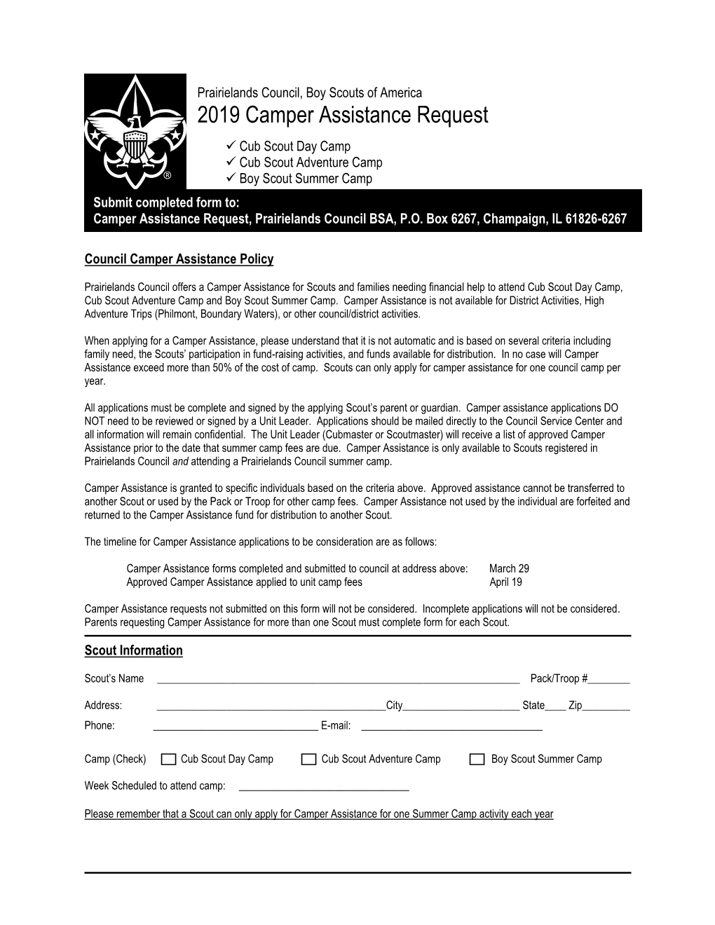 Prairielands Council, Boy Scouts of America 2019 Camper Assistance Request