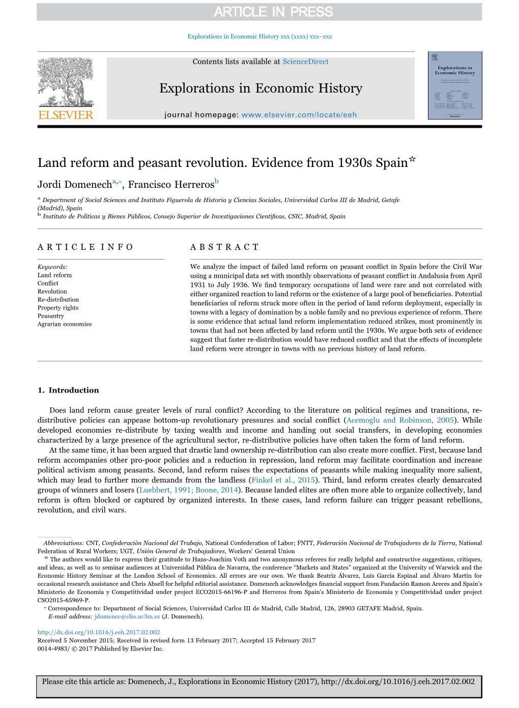 Land Reform and Peasant Revolution. Evidence from 1930S Spain