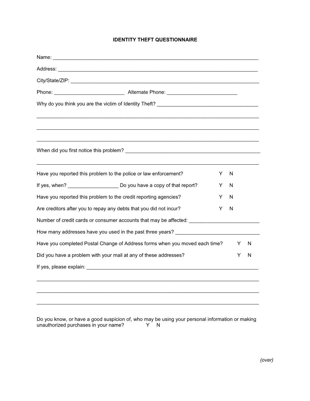 Identity Theft Questionnaire