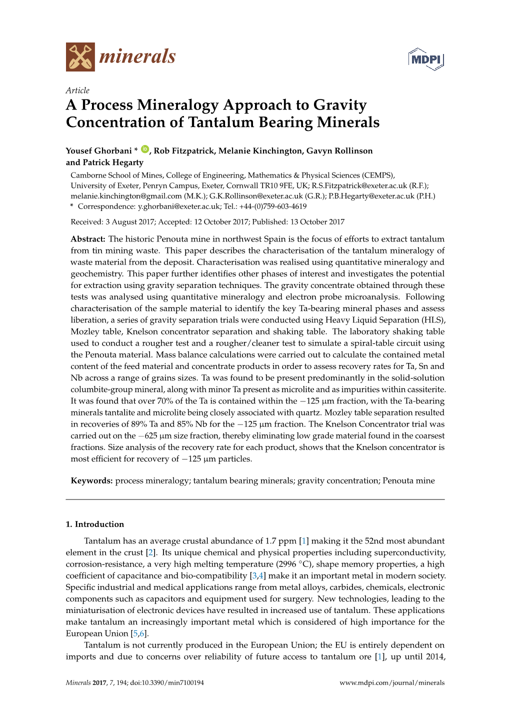 A Process Mineralogy Approach to Gravity Concentration of Tantalum Bearing Minerals