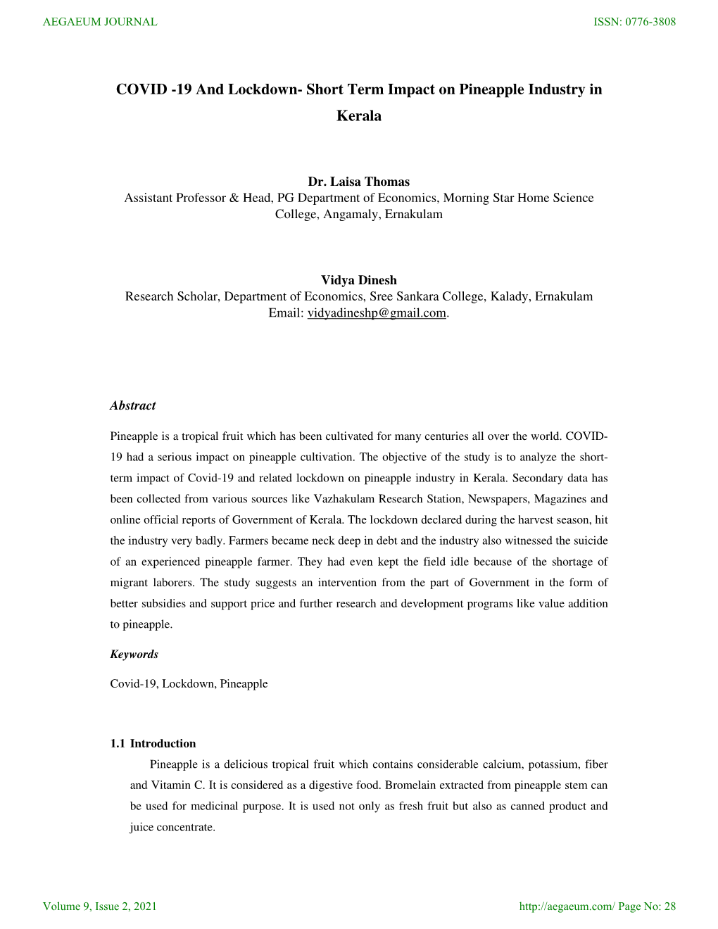 COVID -19 and Lockdown- Short Term Impact on Pineapple Industry in Kerala