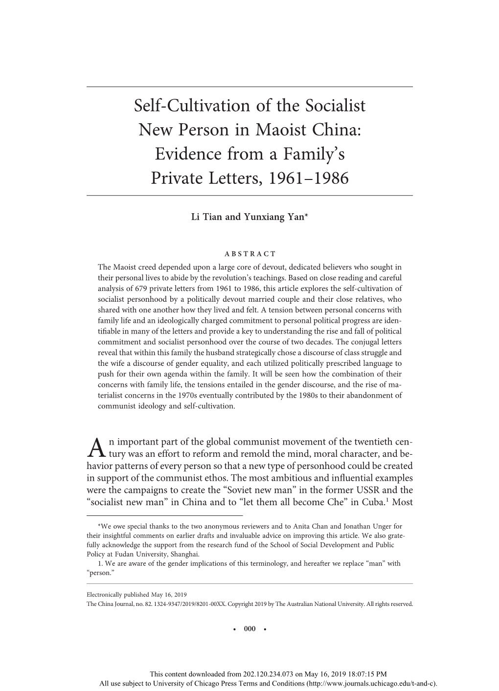 Self-Cultivation of the Socialist New Person in Maoist China: Evidence from a Family’S Private Letters, 1961–1986
