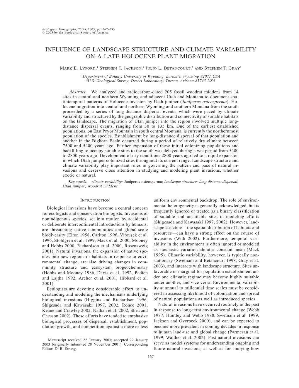 Influence of Landscape Structure and Climate Variability on a Late Holocene Plant Migration