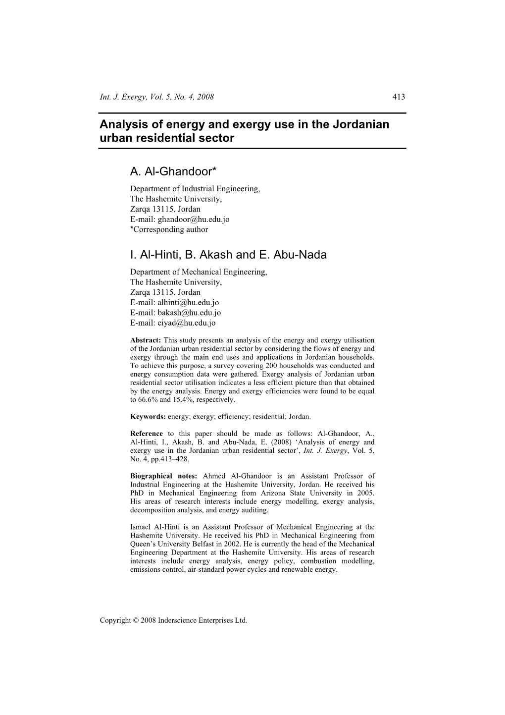 Analysis of Energy and Exergy Use in the Jordanian Urban Residential Sector