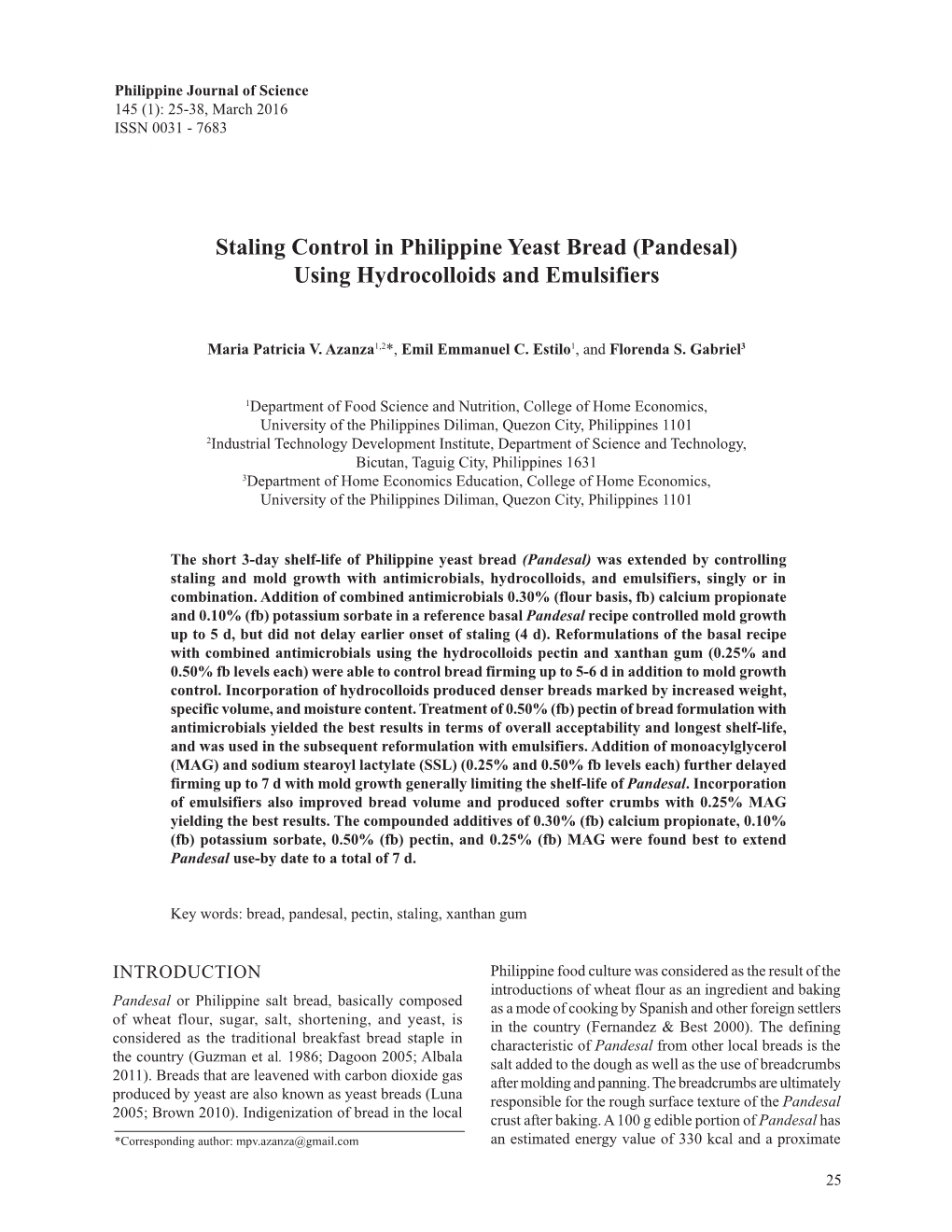 Staling Control in Philippine Yeast Bread (Pandesal) Using Hydrocolloids and Emulsifiers