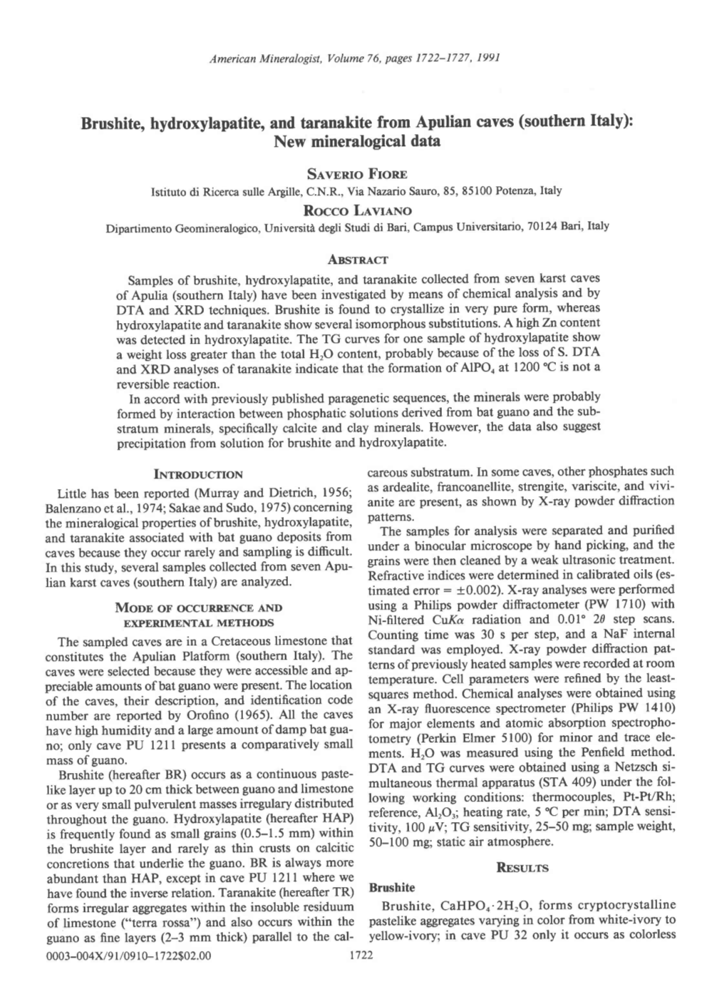 Brushite, Hydroxylapatite, and Taranakite from Apulian Caves(Southern Ltaly): New Mineralogical Data