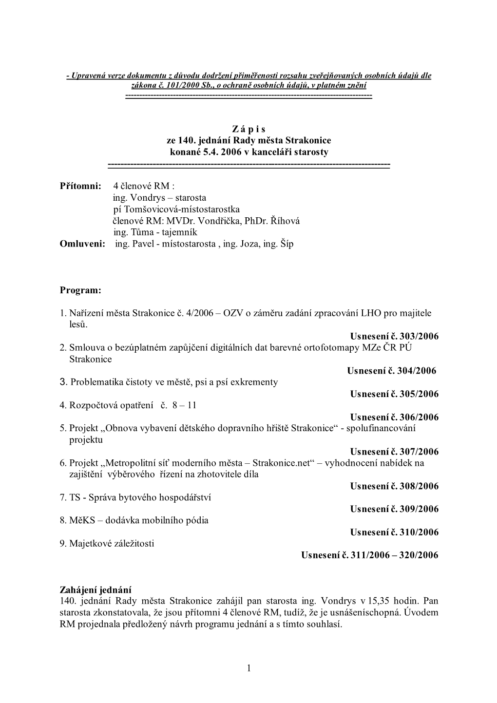 1 Z Á P I S Ze 140. Jednání Rady Města Strakonice Konané 5.4. 2006 V