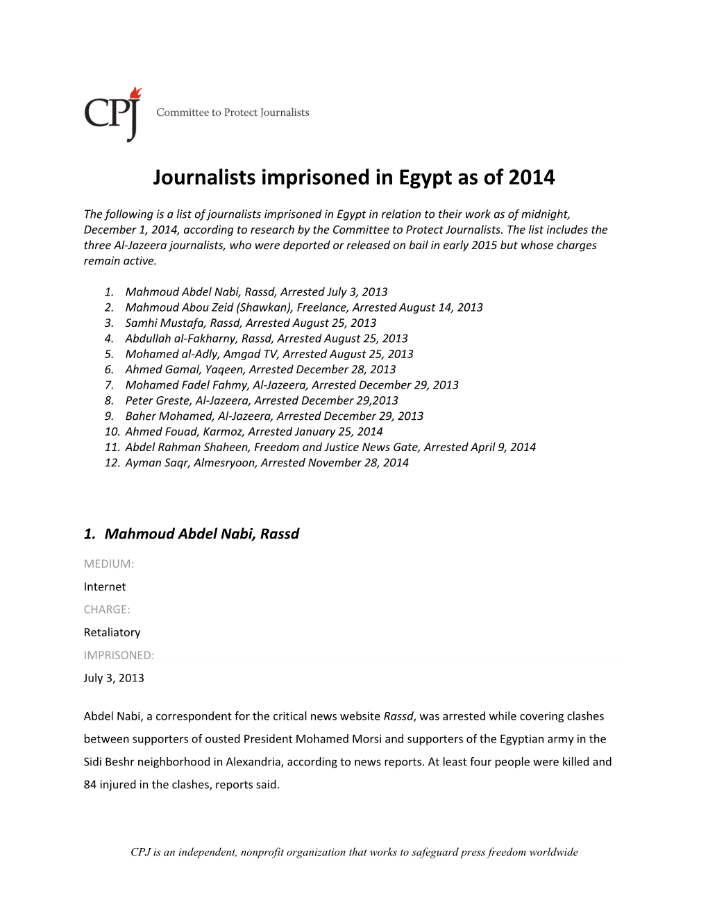 Journalists Imprisoned in Egypt As of 2014