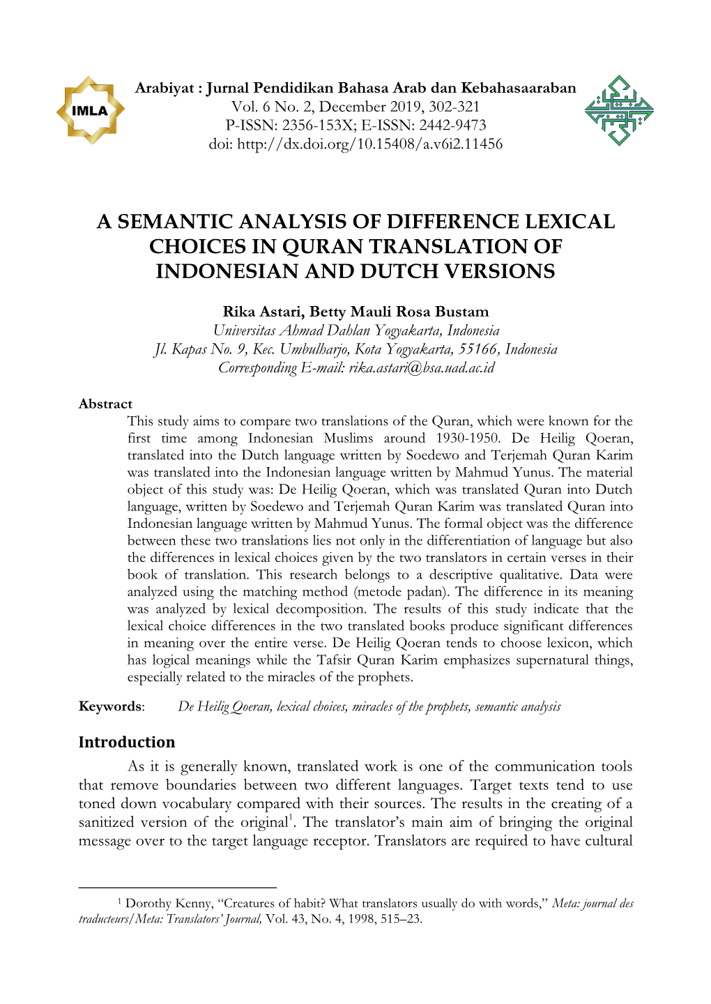 A Semantic Analysis of Difference Lexical Choices in Quran Translation of Indonesian and Dutch Versions