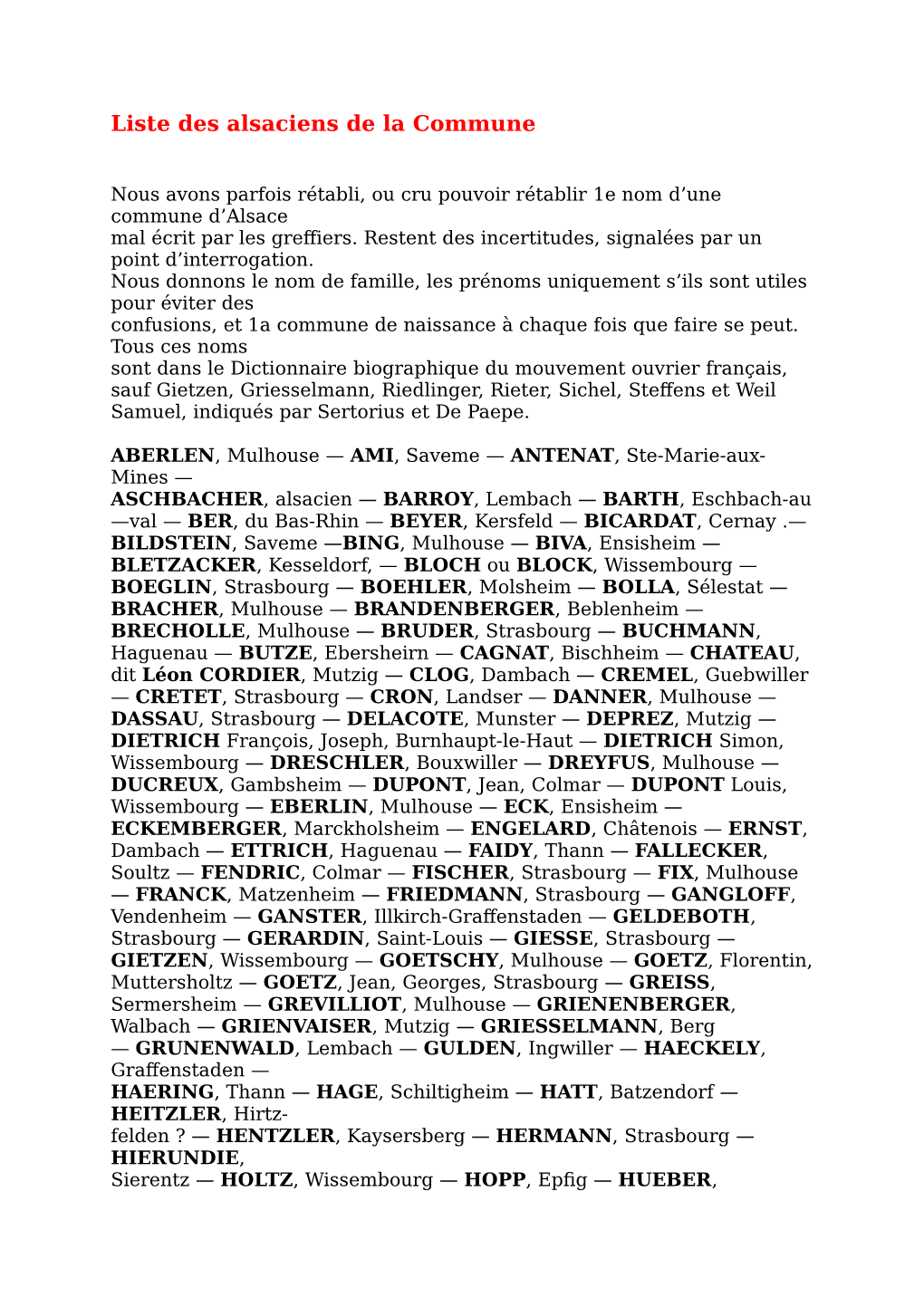 Liste Des Alsaciens De La Commune