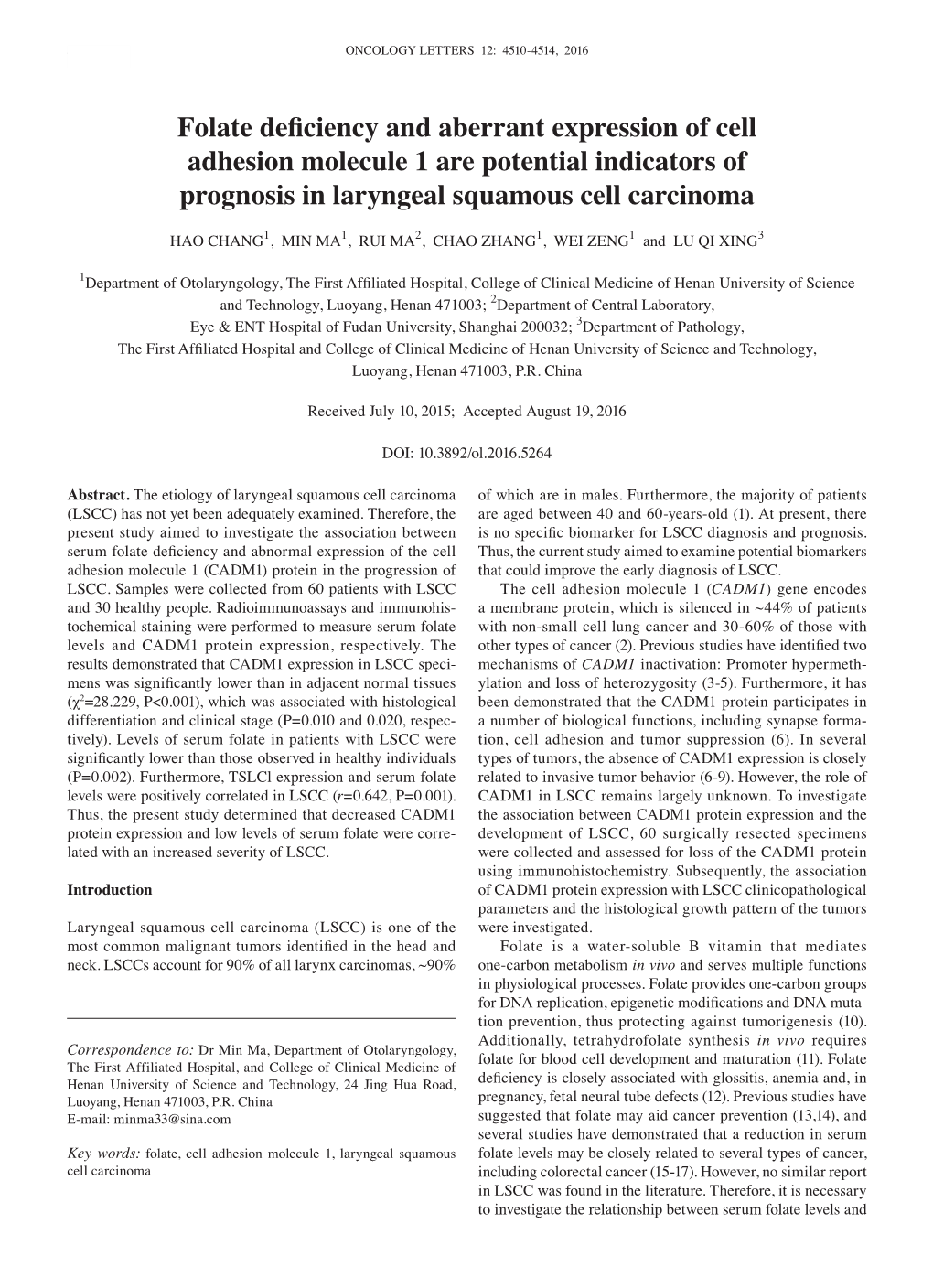 Folate Deficiency and Aberrant Expression of Cell Adhesion Molecule 1 Are Potential Indicators of Prognosis in Laryngeal Squamous Cell Carcinoma