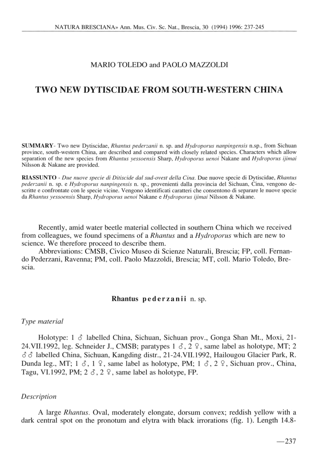 Two New Dytiscidae from South-Western China