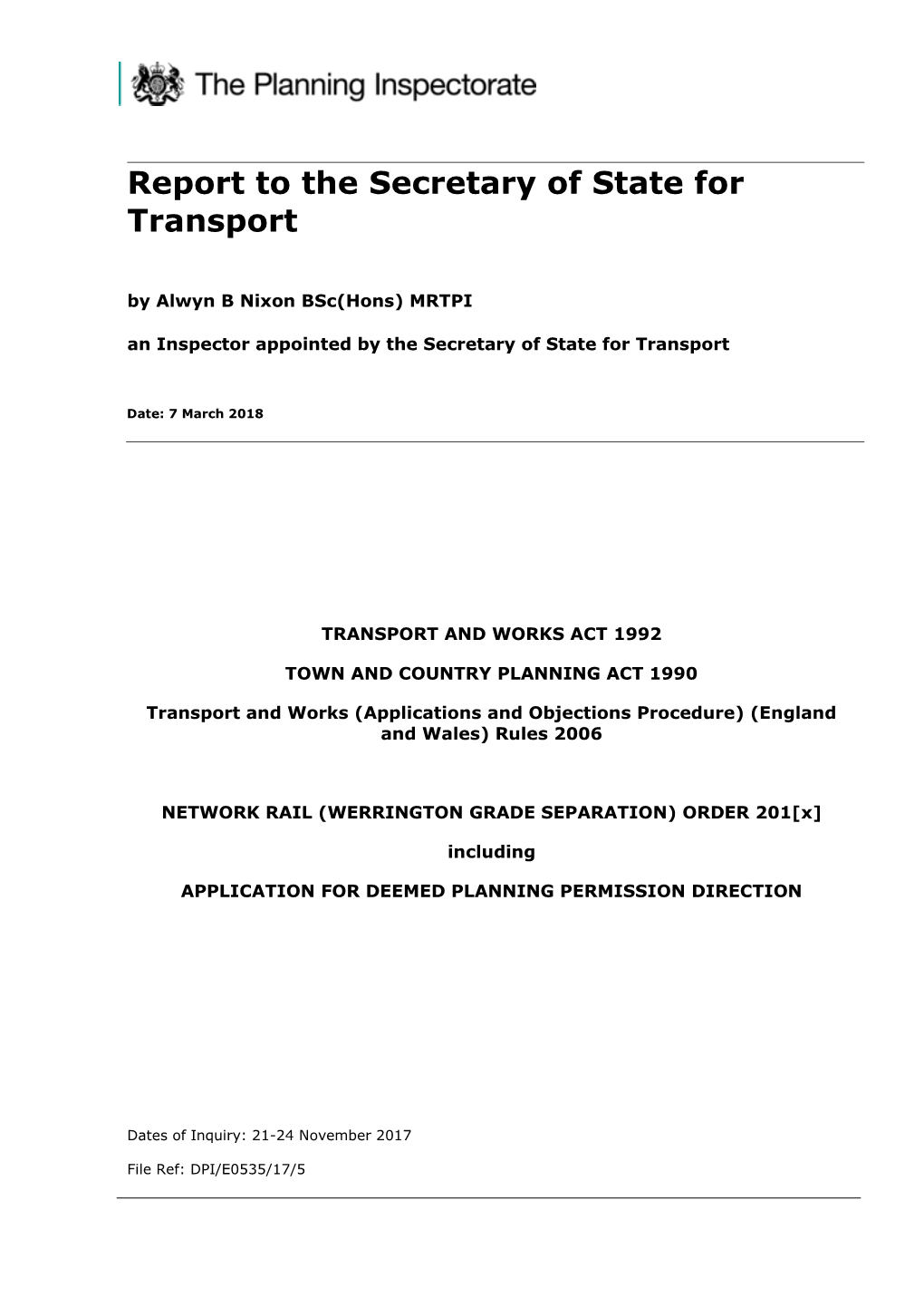 Network Rail (Werrington Grade Separation) Order Inspector's Report