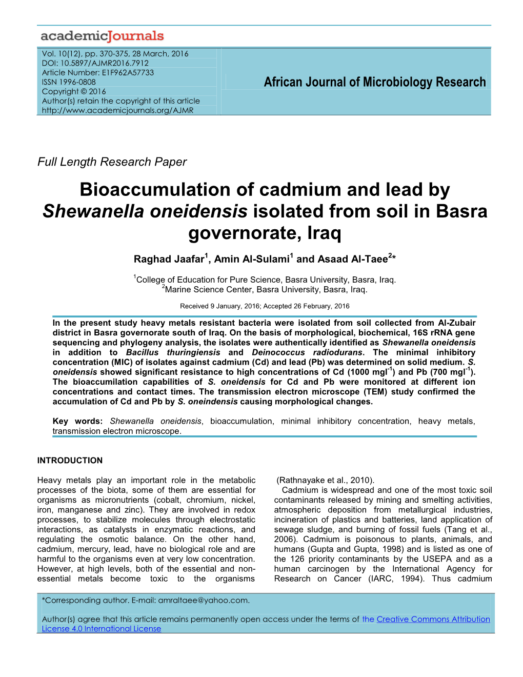 Bioaccumulation of Cadmium and Lead by Shewanella Oneidensis Isolated from Soil in Basra Governorate, Iraq