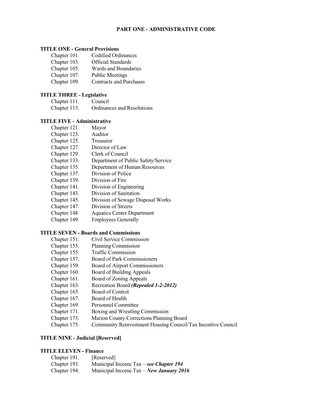 Part One - Administrative Code