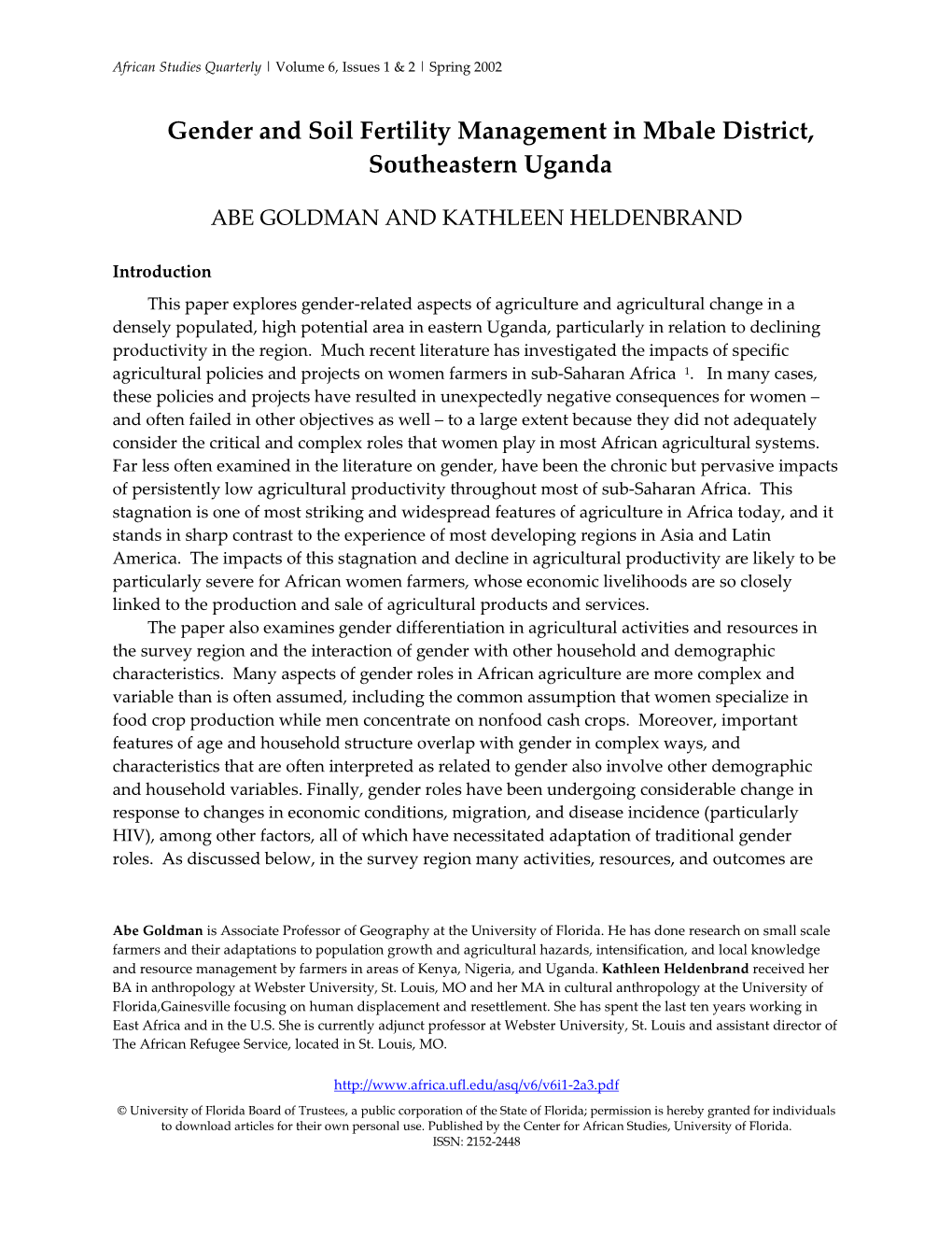 Gender and Soil Fertility Management in Mbale District, Southeastern Uganda