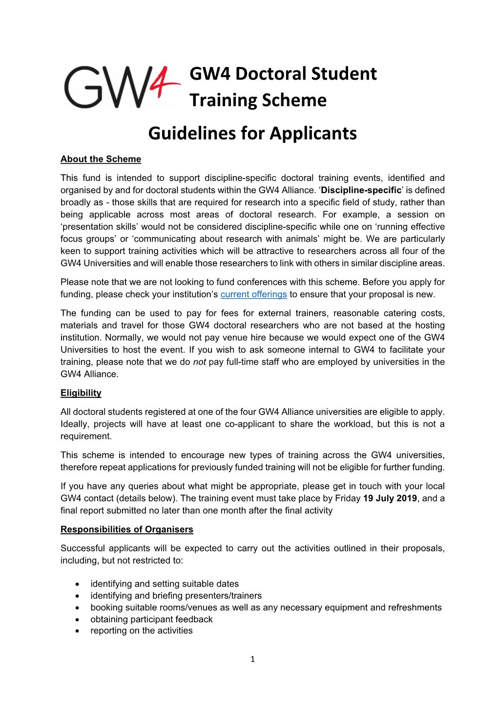 GW4 Doctoral Student Training Scheme Guidelines for Applicants