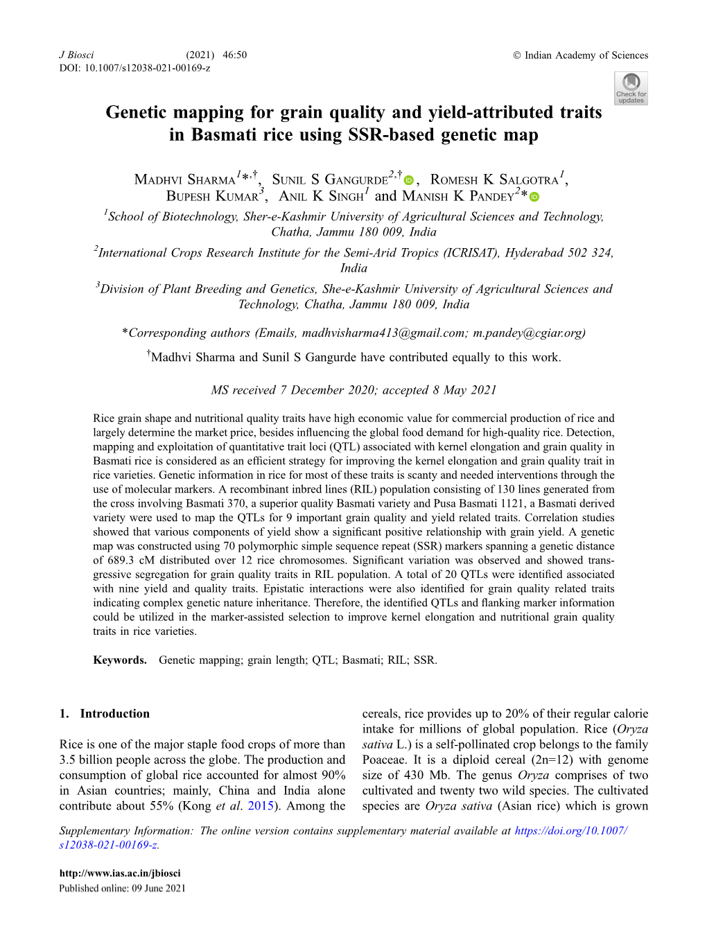 Genetic Mapping for Grain Quality and Yield-Attributed Traits in Basmati Rice Using SSR-Based Genetic Map