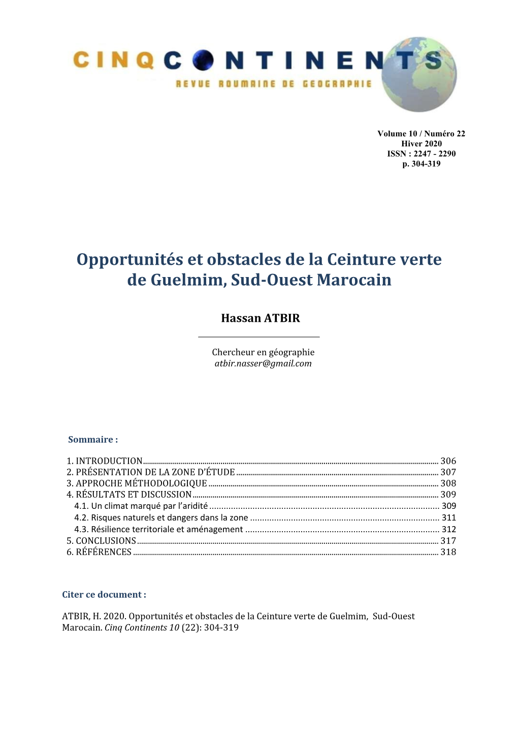 Opportunités Et Obstacles De La Ceinture Verte De Guelmim, Sud-Ouest Marocain