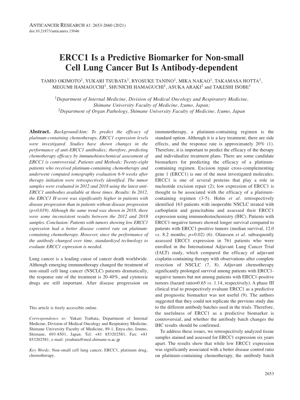 ERCC1 Is a Predictive Biomarker for Non-Small Cell Lung Cancer but Is