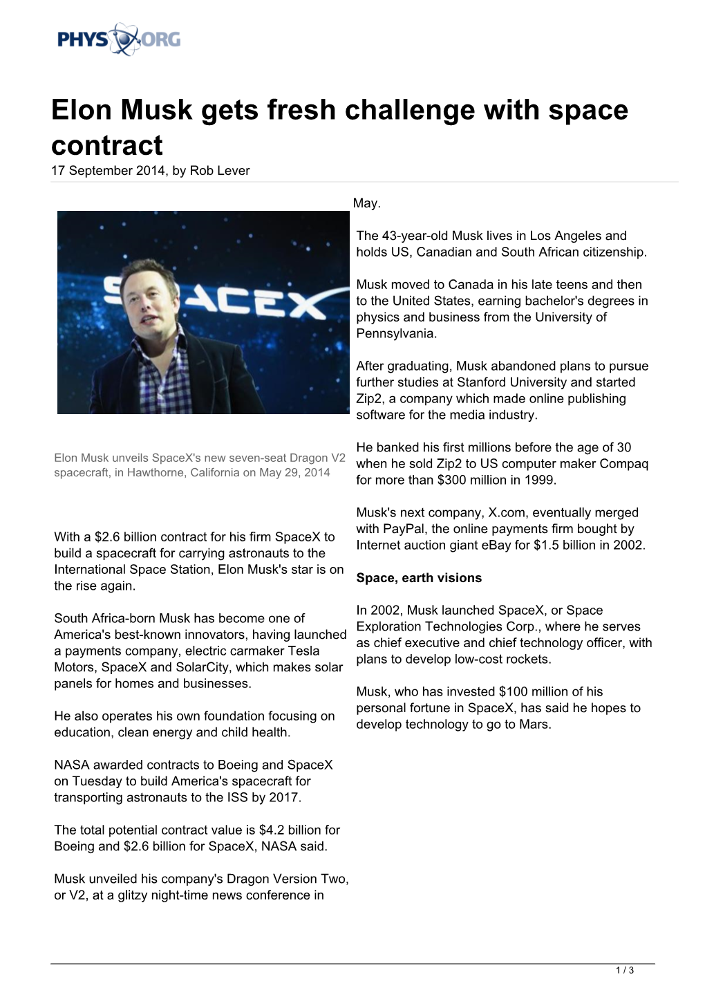 Elon Musk Gets Fresh Challenge with Space Contract 17 September 2014, by Rob Lever