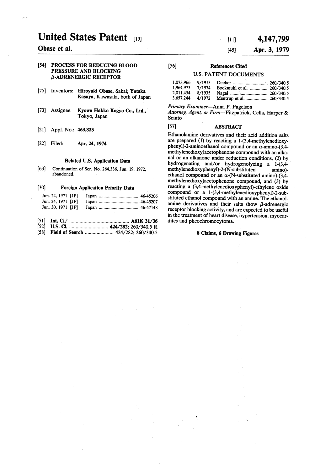 United States Patent (19) 11 4,147,799 Obase Et Al