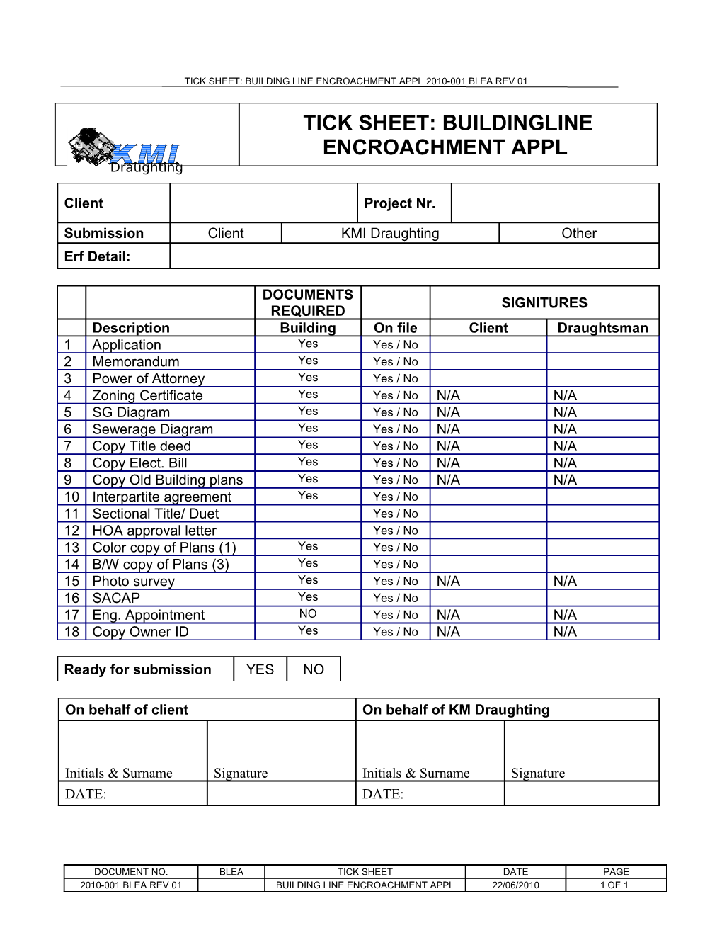 Tick Sheet: Building Line Encroachment Appl 2010-001 Blea Rev 01